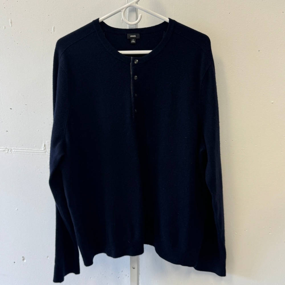 Vince Mens 100% Cashmere Henley Sweater Navy Blue XL M35076227 Minimalist Knit